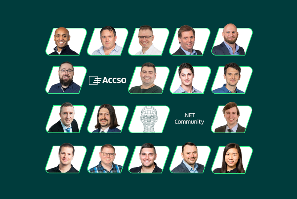 Darstellung der Community-Mitglieder der .NET-Community von Accso auf dunkelgrünem Hintergrund.
