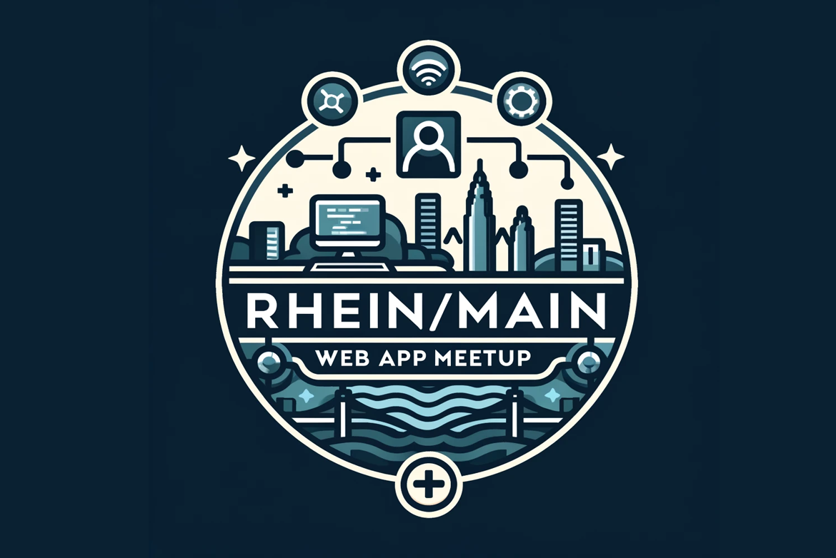 Logo des "Rhein/Main Web App Meetup" mit stilisierten Hochhäusern und einem Fluss im Hintergrund. Oben sind Symbole für Vernetzung und Technologie abgebildet, darunter ein Computerbildschirm und eine Stadtlandschaft.