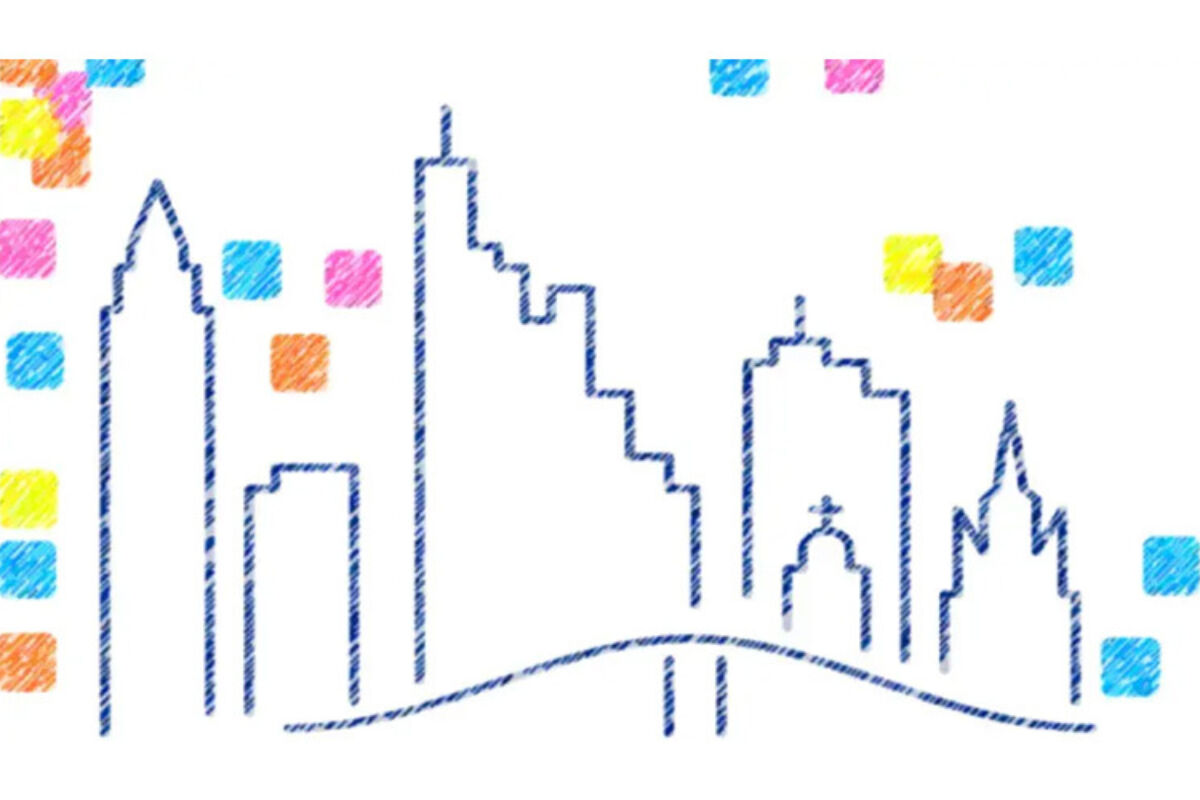 Eine stilisierte Skyline aus blauen, skizzenhaften Linien zeigt verschiedene Gebäudeformen. Um die Skyline herum sind bunte, quadratische Formen in Orange, Gelb, Blau, Rosa und Lila verteilt.