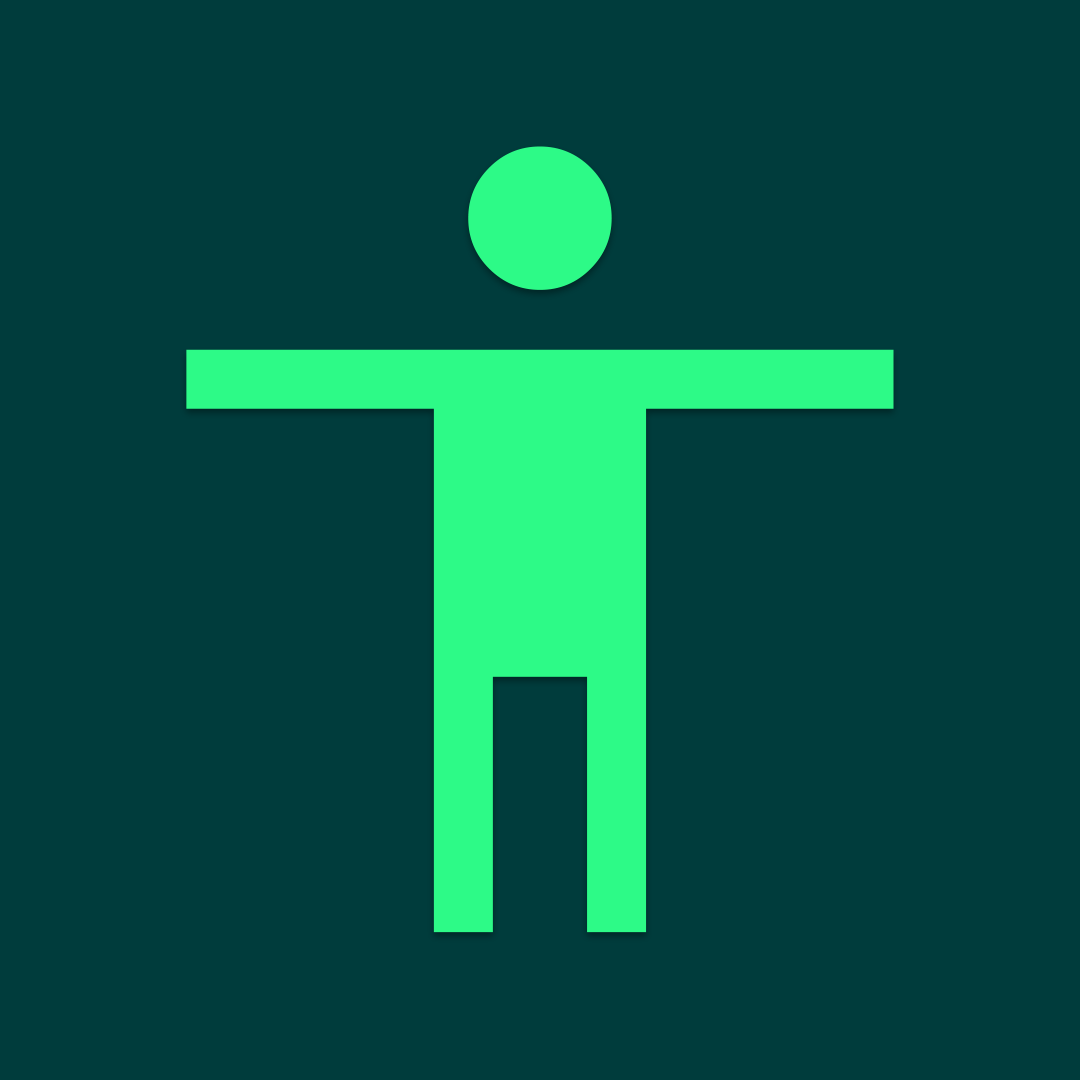 Neongrünes Icon einer Person mit ausgebreiteten Armen auf dunkelgrünem Hintergrund