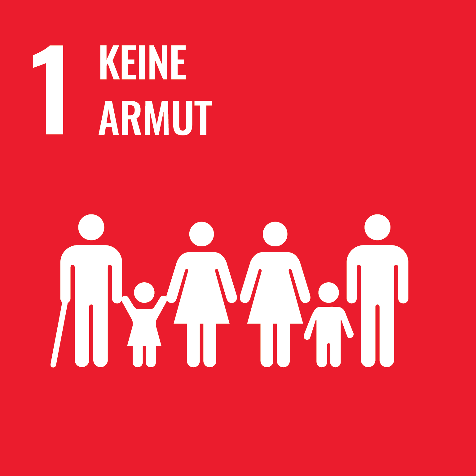 Das Bild zeigt das Symbol für das erste Ziel der nachhaltigen Entwicklung der Vereinten Nationen: "Keine Armut". Es ist ein rotes Quadrat mit einer weißen Silhouette einer Gruppe von fünf stilisierten Personen, die eine Familie darstellen. Links steht die Zahl "1" und daneben der Text "Keine Armut".