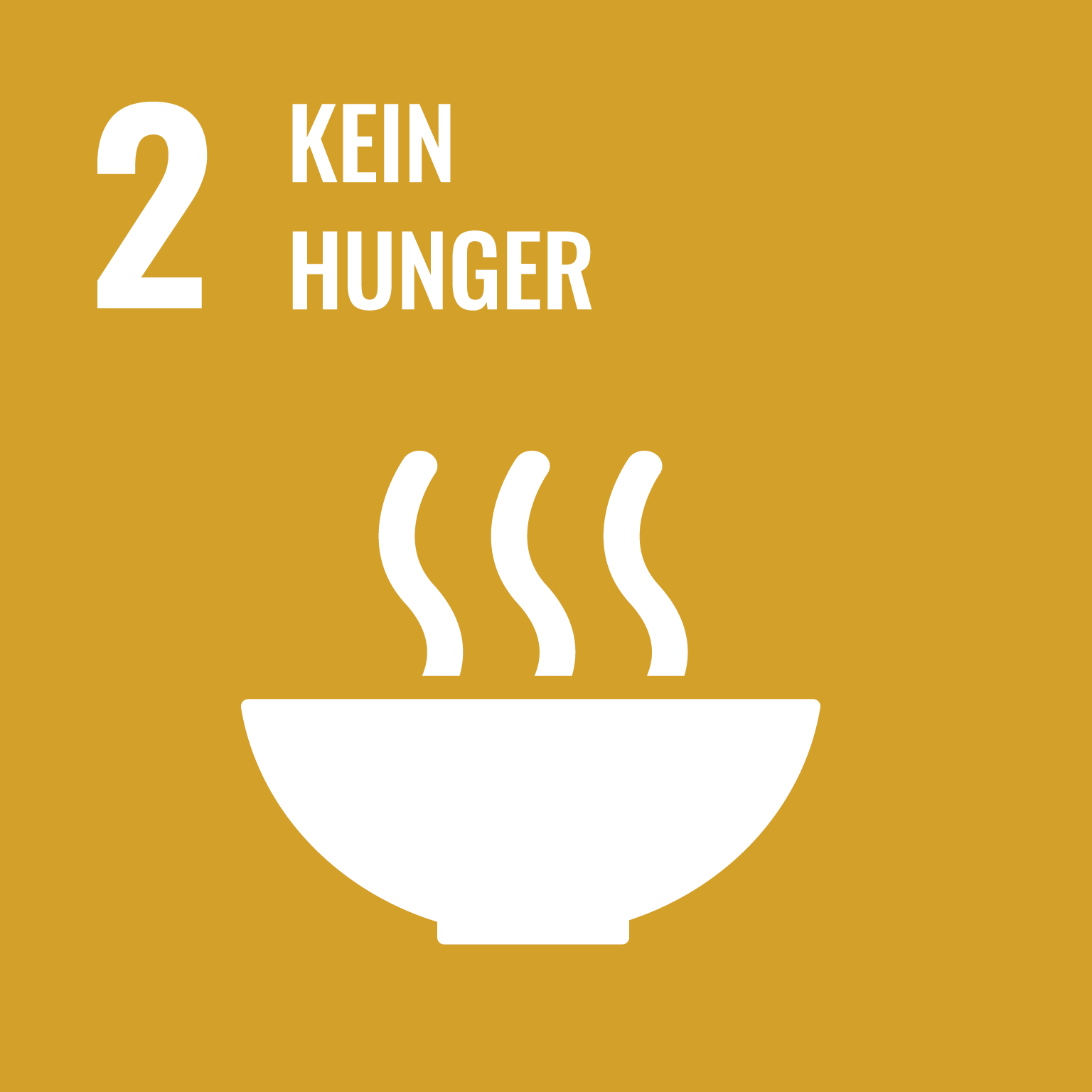 Das Bild zeigt das Symbol für das zweite Ziel der nachhaltigen Entwicklung der Vereinten Nationen: "Kein Hunger". Es ist ein gelbes Quadrat mit einer weißen Silhouette einer dampfenden Schüssel, die Nahrung symbolisiert. Links steht die Zahl "2" und daneben der Text "Kein Hunger".