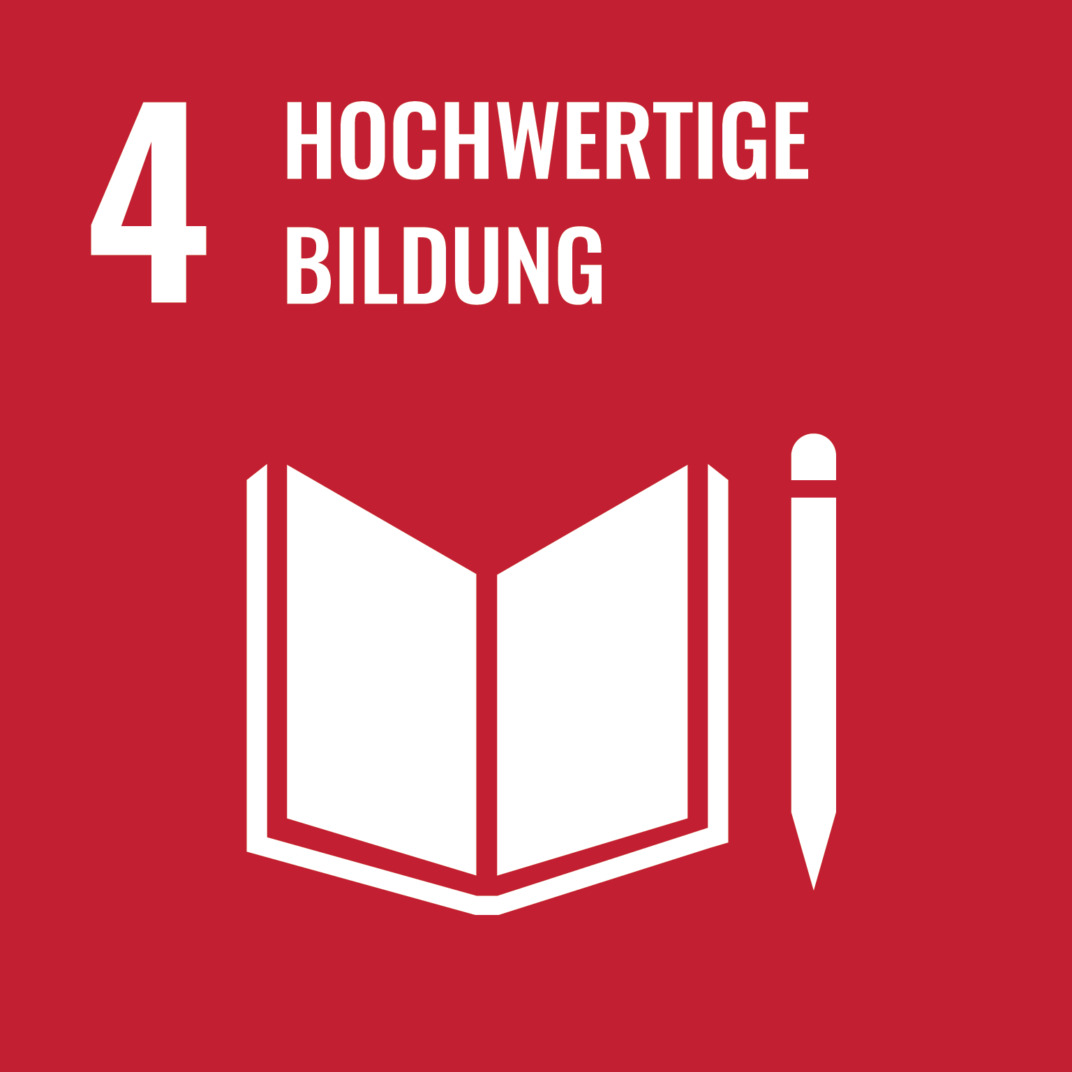Symbol für das vierte Ziel der nachhaltigen Entwicklung der Vereinten Nationen: "Hochwertige Bildung". Es ist ein rotes Quadrat mit einer weißen Silhouette eines offenen Buches und einem Stift. Links steht die Zahl "4" und daneben der Text "Hochwertige Bildung".