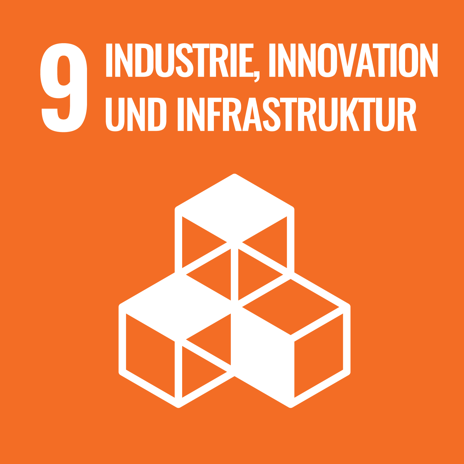 Symbol für das neunte Ziel der nachhaltigen Entwicklung der Vereinten Nationen: "Industrie, Innovation und Infrastruktur". Es ist ein oranges Quadrat mit einer weißen Silhouette von drei miteinander verbundenen Würfeln, die Technologie und Struktur symbolisieren. Links steht die Zahl "9" und daneben der Text "Industrie, Innovation und Infrastruktur".