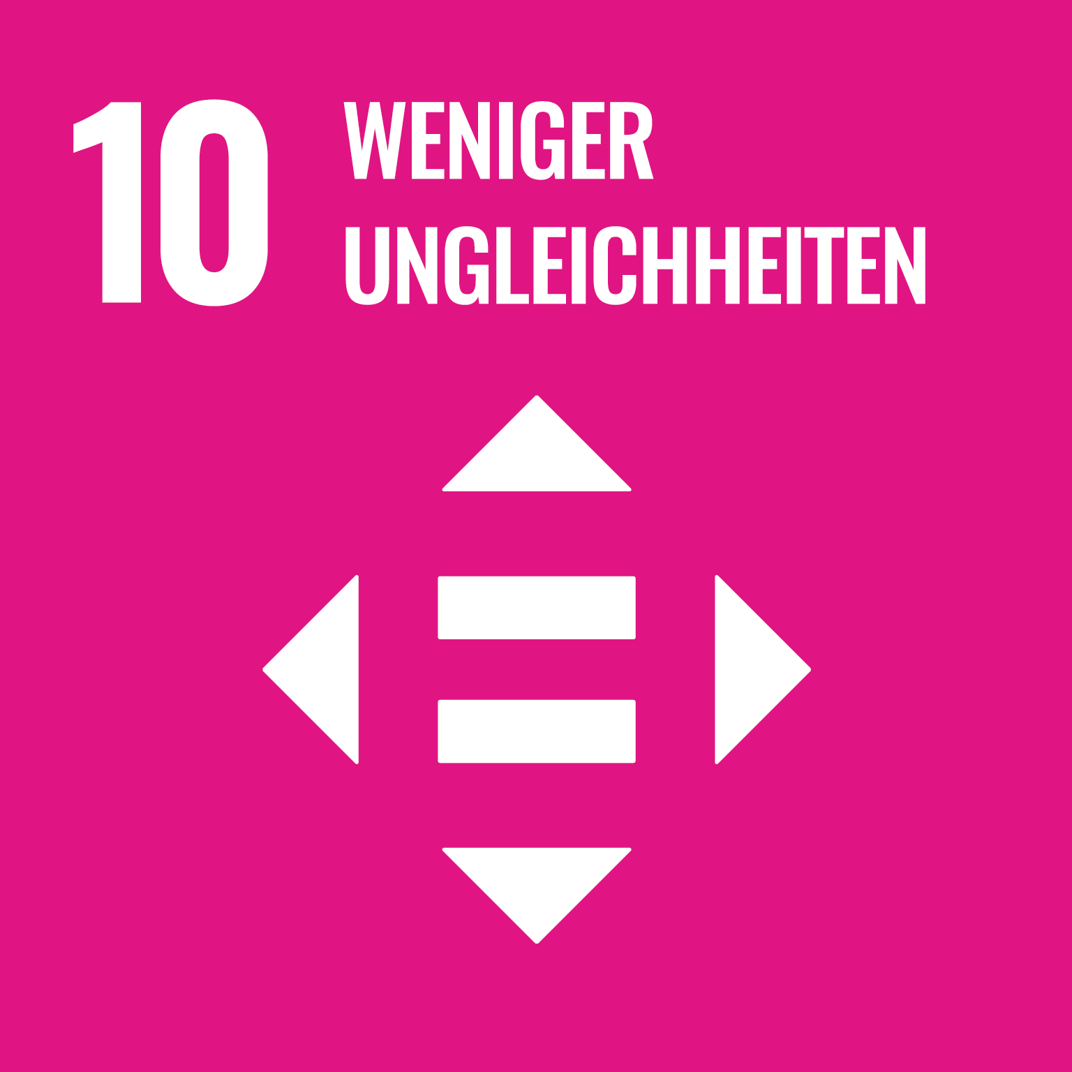 Ein Symbol für das zehnte Ziel der nachhaltigen Entwicklung: "Weniger Ungleichheiten" auf pinkem Hintergrund, mit der Zahl "10" und einem weißen Symbol aus vier Pfeilen, die in verschiedene Richtungen zeigen, was die Verringerung von Ungleichheiten symbolisiert.