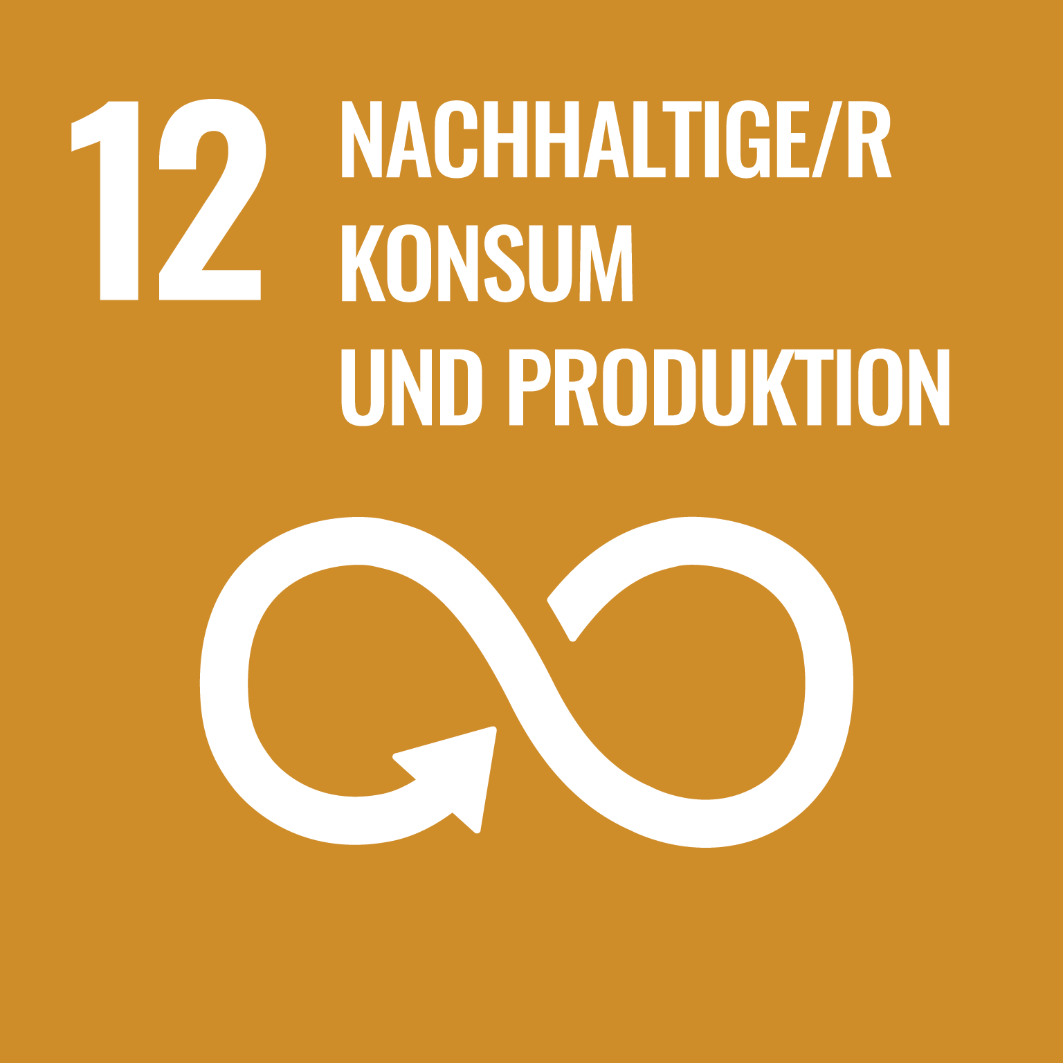 Ein Symbol für das zwölfte Ziel der nachhaltigen Entwicklung: "Nachhaltige/r Konsum und Produktion" auf orangem Hintergrund, mit der Zahl "12" und einem weißen Unendlichkeitszeichen mit einem Pfeil, was den Kreislauf von nachhaltigem Konsum und Produktion darstellt.