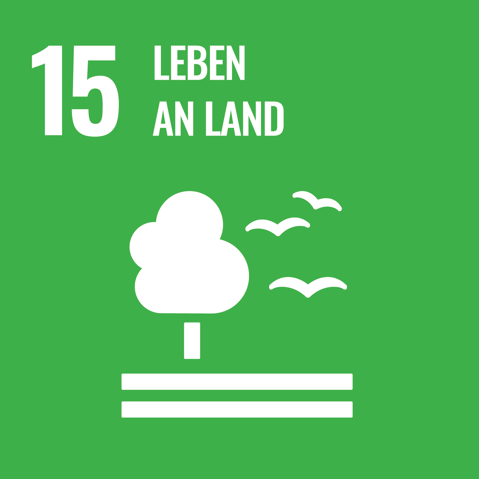 Ein Symbol für das fünfzehnte Ziel der nachhaltigen Entwicklung: "Leben an Land" auf grünem Hintergrund, mit der Zahl "15" und einem weißen Baum, Vögeln und Linien, die die Landschaft darstellen, was den Schutz von Ökosystemen und Biodiversität symbolisiert.