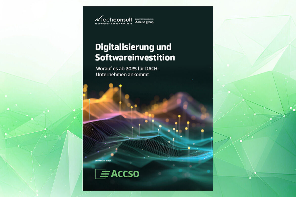 Das Bild zeigt ein Cover mit dem Titel "Digitalisierung und Softwareinvestition: Worauf es ab 2025 für DACH-Unternehmen ankommt". Es ist von techconsult, einem Unternehmen der heise group, und wird unterstützt durch Accso. Im Hintergrund sind abstrakte grafische Elemente in leuchtenden Farben zu sehen.