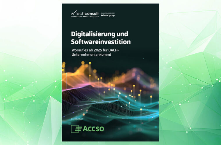 Das Bild zeigt ein Cover mit dem Titel "Digitalisierung und Softwareinvestition: Worauf es ab 2025 für DACH-Unternehmen ankommt". Es ist von techconsult, einem Unternehmen der heise group, und wird unterstützt durch Accso. Im Hintergrund sind abstrakte grafische Elemente in leuchtenden Farben zu sehen.