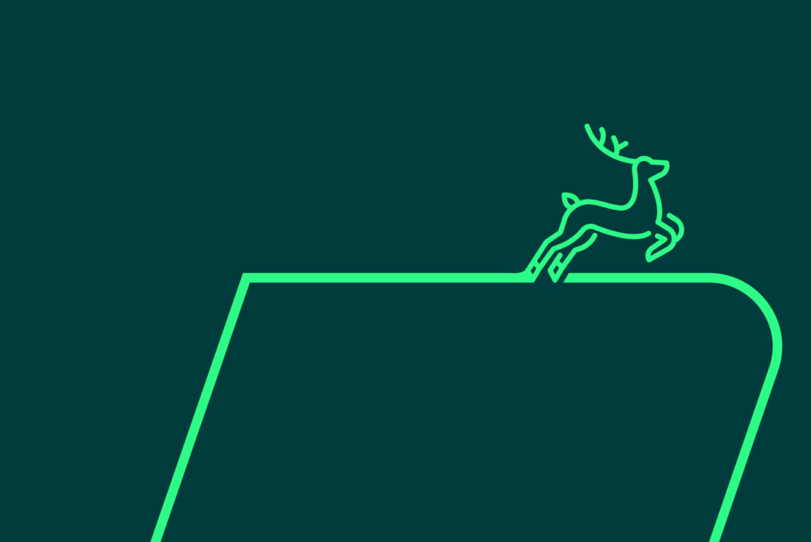 Das Bild zeigt einen minimalistischen Hirsch, der über eine geometrische Form springt. Der Hintergrund ist dunkelgrün, und die Zeichnung ist in leuchtendem Grün gehalten. Die klare Linienführung und der Farbkontrast verleihen dem Design eine moderne und dynamische Ausstrahlung.