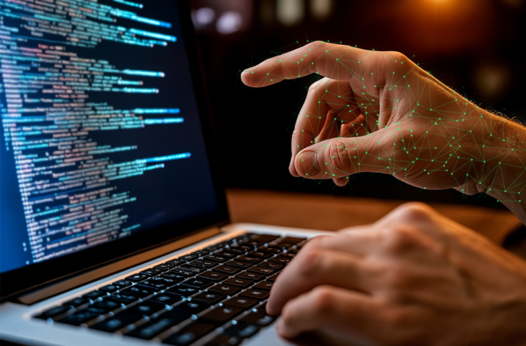 Zwei hände, die die Tastatur eines Laptops bedienen und Code verfassen. Eine Hand zeigt auf den Bildschirm.