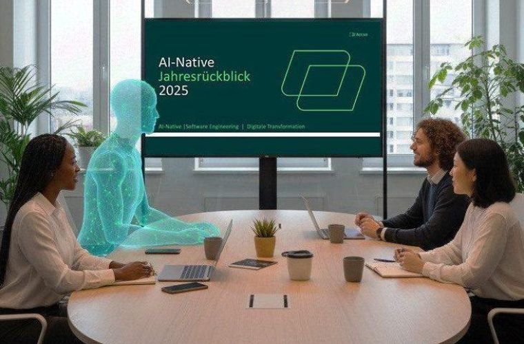 Transparenter Hologramm-Mensch sitzt am Konferenztisch neben einem Team; Bildschirm zeigt "AI-Native Jahresrückblick 2025". KI generiert