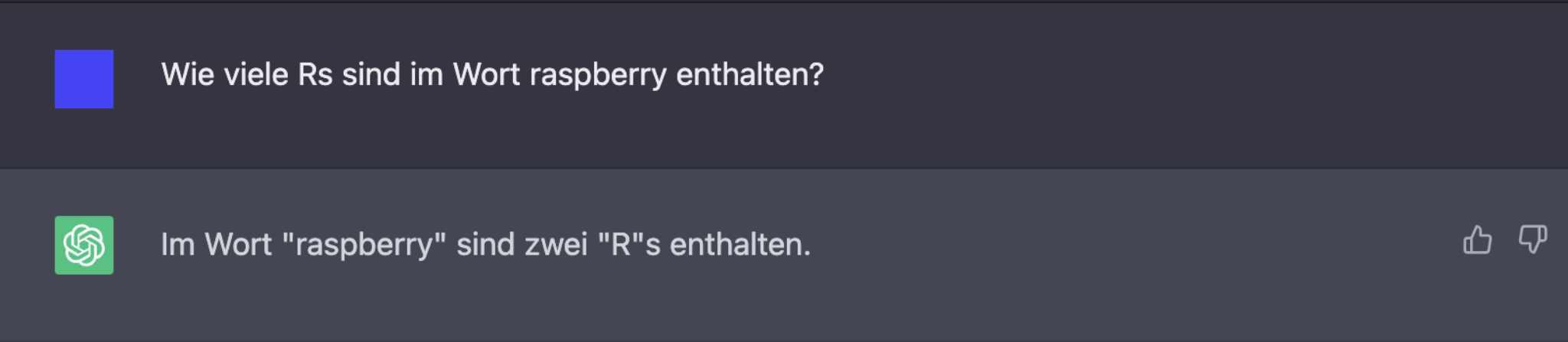 Screenshot aus ChatGPT zur Frage, wie viele Rs im Wort rasperry enthalten sind