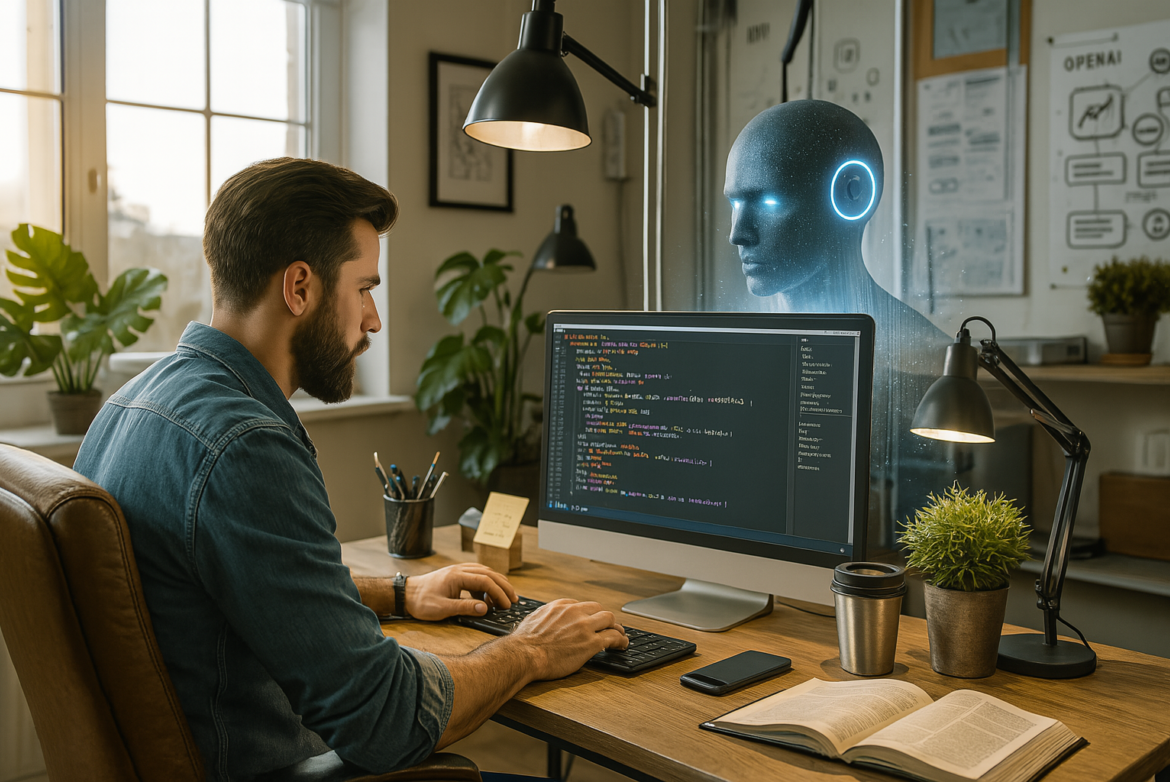 Ein Mann sitzt an einem Schreibtisch in einem Büro und programmiert. Hinter dem Computerbildschirm erscheint ein bläulicher Kopf, der eine KI symbolisiert.