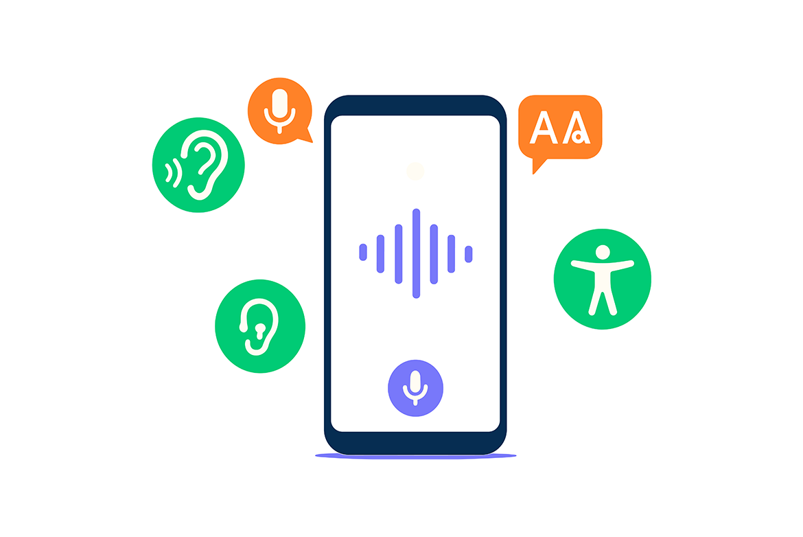 Mehrere Icons zum Thema Barrierefreiheit um ein Smartphone in der Mitte angeordnet.