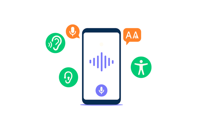 Mehrere Icons zum Thema Barrierefreiheit um ein Smartphone in der Mitte angeordnet.