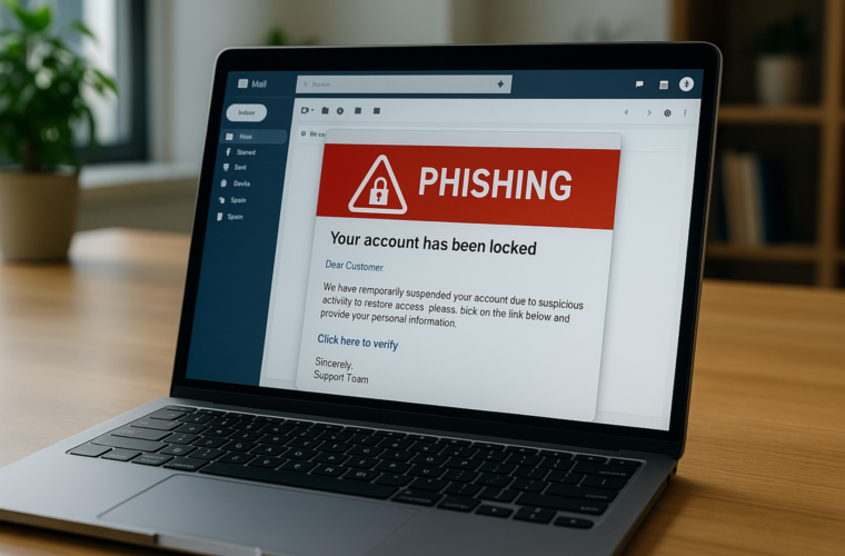 Ein Laptop auf einem Tisch. Auf dem Bildschirm ist ein Phishing-Warnung zu sehen.
