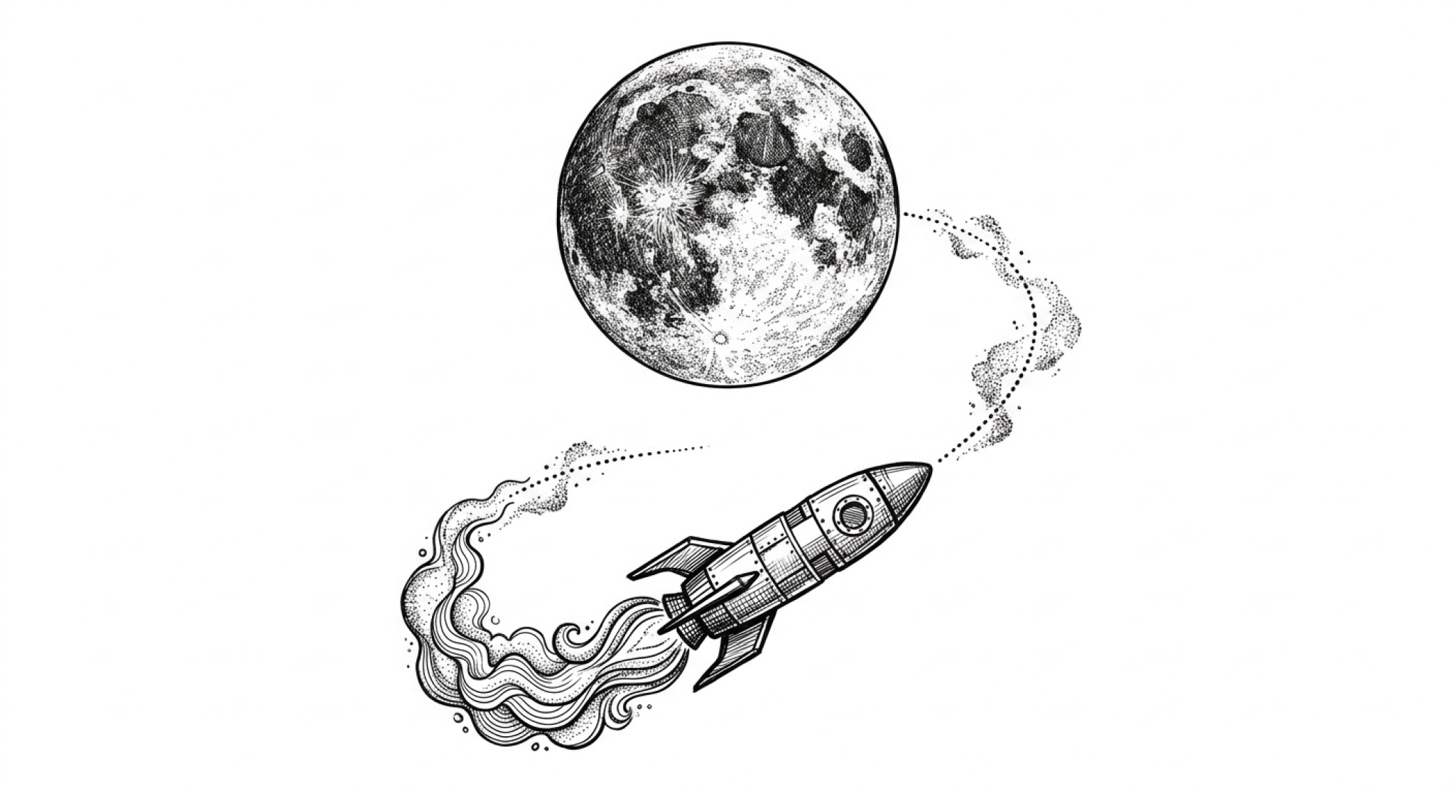 Black-and-white illustration of a rocket blasting off with a curling smoky exhaust, heading toward a large textured full moon.
