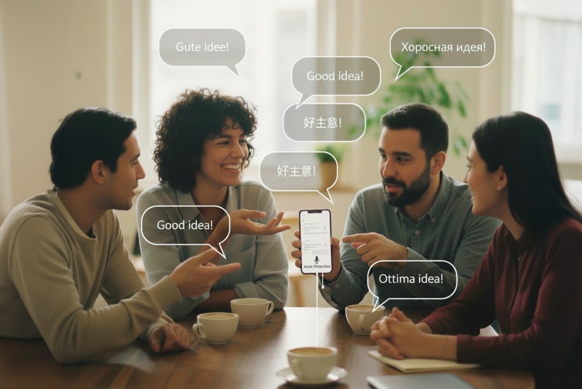 Vier Personen sitzen lächelnd an einem Tisch, diskutieren; eine Person hält ein Smartphone, aus dem mehrsprachige Sprechblasen zu Ideen erscheinen.
