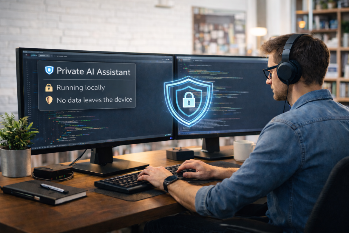 Person mit Headset sitzt vor zwei Monitoren mit Code; Overlay zeigt „Private AI Assistant“ und Sicherheits-Hinweise, Pflanze und Notizbuch auf dem Tisch.