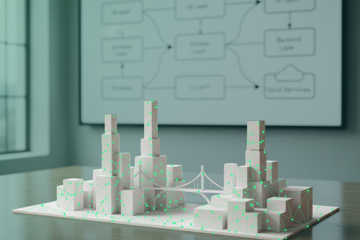 Weiße Miniaturstadt aus Blöcken mit Brücke, überzogen von grünen Netzwerklinien und Punkten; steht auf einem Tisch, Hintergrund zeigt Diagrammdarstellung.