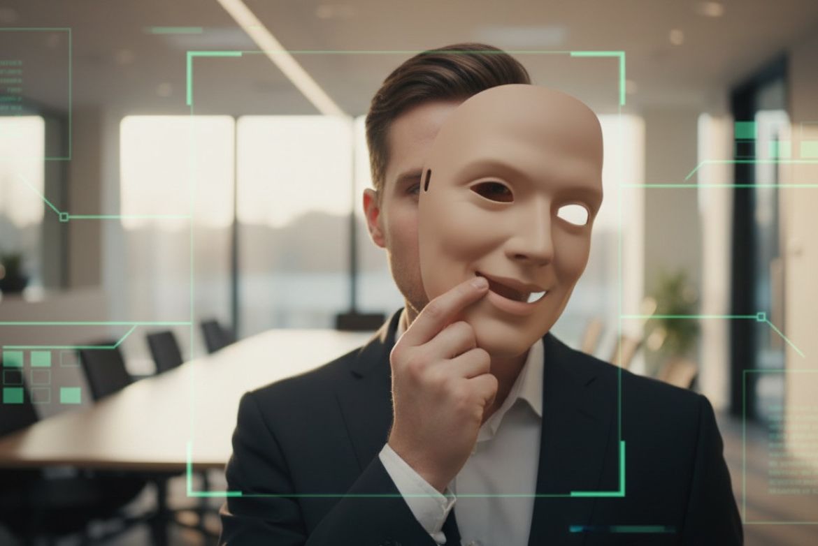 Eine Person trägt einen halbenhet maskenartigen Gesichtsausdruck, maskenähnliches Gesicht geöffnet, in einem modernen Büro mit holografischen UI-Elementen.