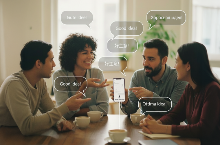 Vier Personen sitzen lächelnd an einem Tisch, diskutieren; eine Person hält ein Smartphone, aus dem mehrsprachige Sprechblasen zu Ideen erscheinen.