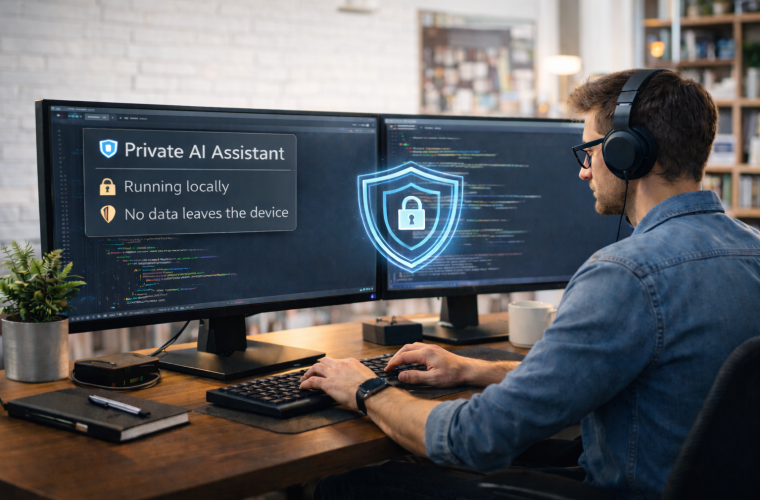 Person mit Headset sitzt vor zwei Monitoren mit Code; Overlay zeigt „Private AI Assistant“ und Sicherheits-Hinweise, Pflanze und Notizbuch auf dem Tisch.