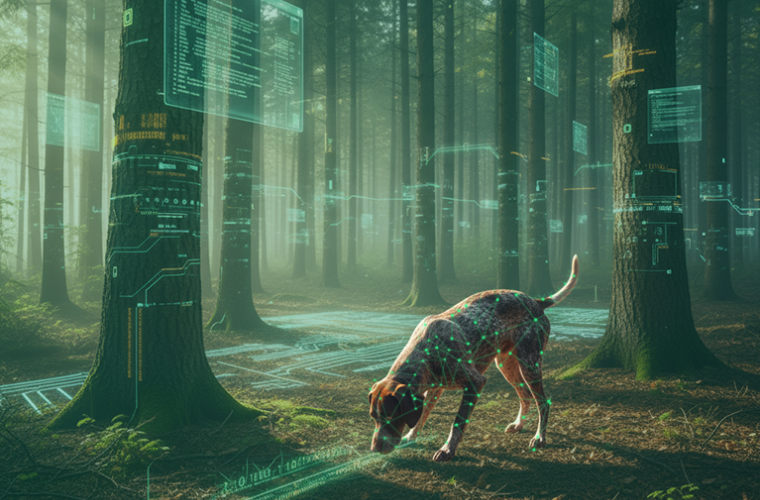 Ein Hund im Wald, umgeben von holographischen, grünen Datenanzeigen und leuchtenden Netzlinien, die Bäume und Boden bedecken.