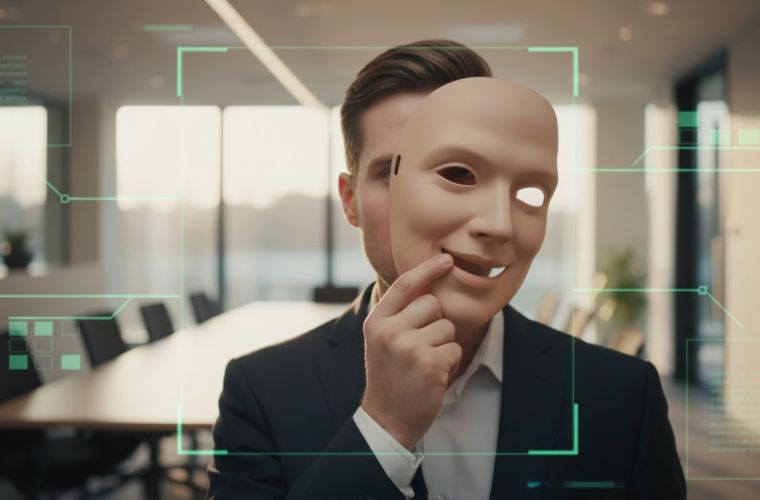 Eine Person trägt einen halbenhet maskenartigen Gesichtsausdruck, maskenähnliches Gesicht geöffnet, in einem modernen Büro mit holografischen UI-Elementen.