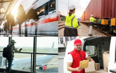 Das Bild ist in vier Quadranten unterteilt, die verschiedene Transport- und Logistikszenen darstellen: Oben links sind Menschen auf einem Bahnsteig neben einem einfahrenden Zug zu sehen. Oben rechts inspizieren zwei Arbeiter in Sicherheitskleidung einen Güterzug. Unten links steht eine Person mit einem Koffer und einem Tablet vor einem großen Fenster, durch das ein Flugzeug auf dem Rollfeld zu sehen ist. Unten rechts hält eine Person in roter Arbeitskleidung ein Paket vor einem Lieferwagen voller Kartons.