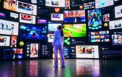 Eine Person steht in einem Raum, umgeben von zahlreichen großen Bildschirmen, die verschiedene digitale Inhalte und soziale Medien anzeigen. Die Bildschirme zeigen Videos, Spiele, Chats und Emojis. Die Szene vermittelt ein Gefühl von digitaler Vernetzung und Interaktivität.