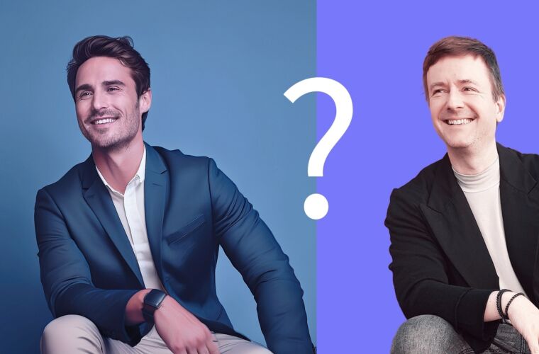 Marc Riedinger vor lila Hintergrund, neben ihm ein KI-Coach vor blauem Hintergrund