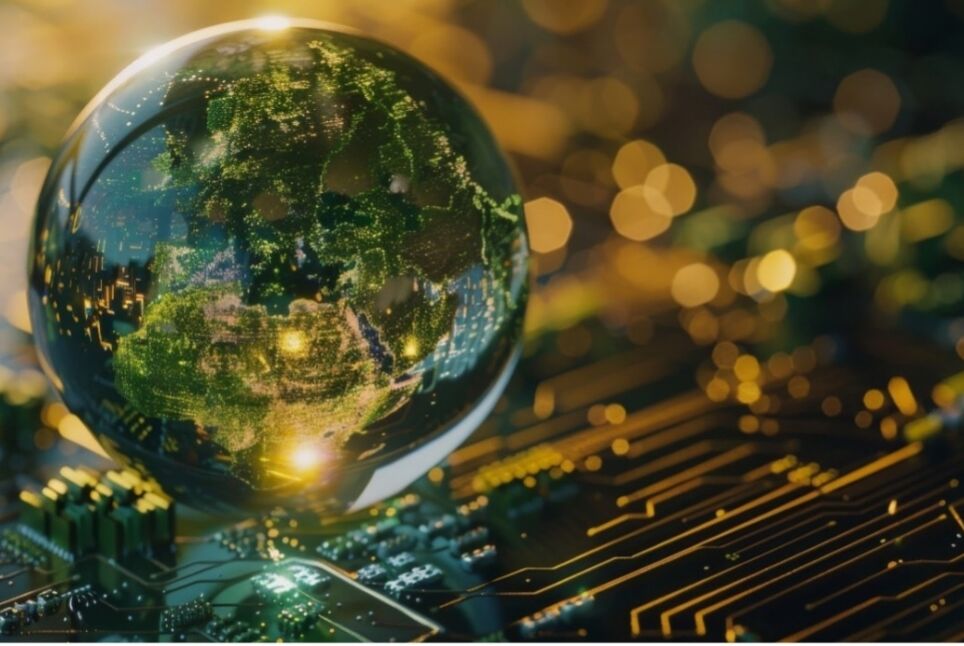 Ein digitaler Globus schwebt über einer Leiterplatte, die die Verbindung zwischen Technologie und globaler Vernetzung symbolisiert. Die Erdoberfläche ist mit leuchtenden, grünen Punkten dargestellt, die Städte und Verbindungen darstellen. Der Hintergrund ist unscharf, mit einem Fokus auf den hellen, leuchtenden Details des Globus und der darunter liegenden Schaltkreise.