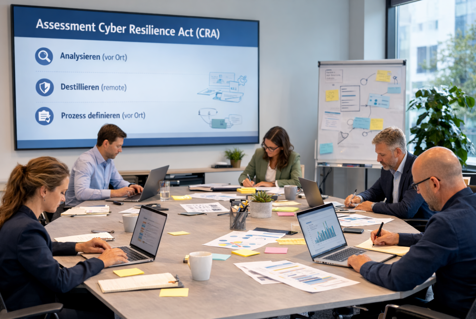 Fünf Personen arbeiten in einem Konferenzraum an Laptops, Notizen und Post-its; ein großes Display zeigt das Thema 'Assessment Cyber Resilience Act (CRA)'.